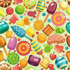 Seamless pattern of assorted candies like lollipops, gummy bears, and jellybeans, creating a vibrant and playful background, Generative AI