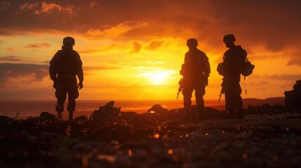 Fototapeta premium Silhouetted soldiers walking at sunset on rocky terrain