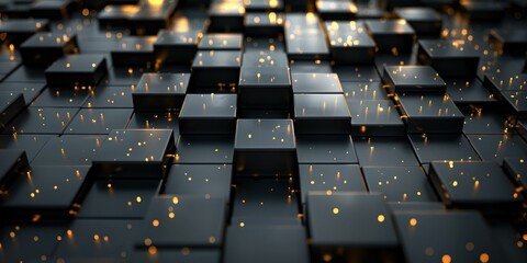 Fototapeta premium A 3D abstract image of a black metallic grid with glowing golden lights scattered around.