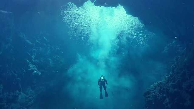 diver exploring underwater cave seamless looping overlay 4k virtual video animation background