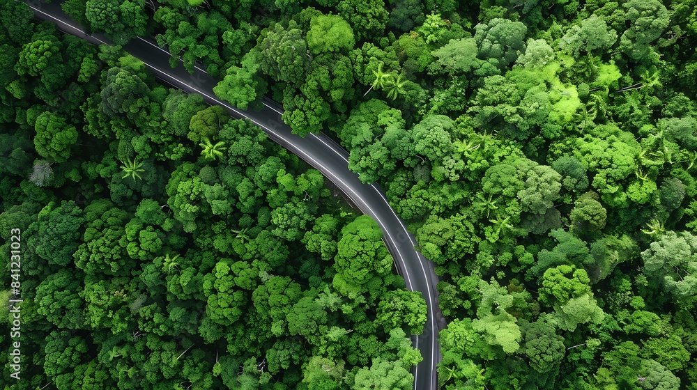 Poster aerial view green forest and asphalt road top view forest road going through forest with car adventu