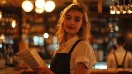 Fototapeta premium A woman sitting in a bar, holding a book and reading