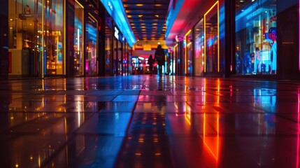 Vibrant neon lights reflect on a modern mall hallway floor, creating a colorful and lively atmosphere.