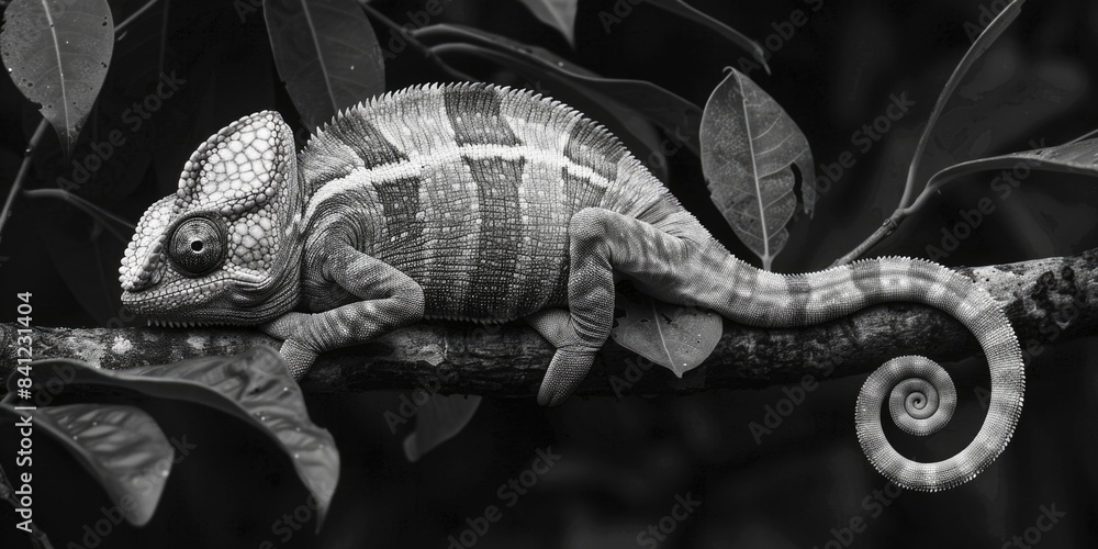 Poster a close-up image of a chameleon sitting on a tree branch, its skin pattern blending in with the surr