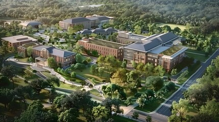 Fototapeta premium Vibrant Aerial Perspective of a Thriving Medical Campus with Lush Greenery and Engaged Students