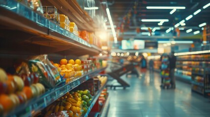 Colorful grocery store aisle with fresh produce and blurred background of shoppers.