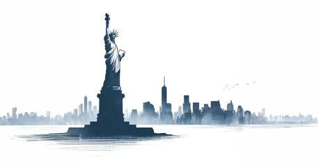Obraz premium Minimalist Watercolor Illustration of New York City with Statue of Liberty