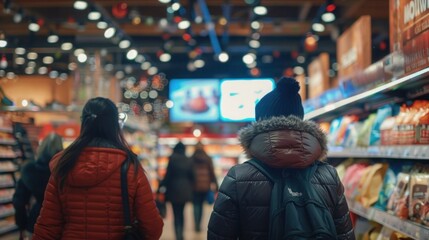 Fototapeta premium People shopping in a busy supermarket aisle with colorful lights and shelves full of groceries during the evening rush.