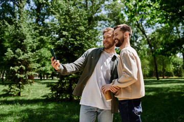 A bearded gay couple takes a selfie in a green park, enjoying a sunny afternoon.