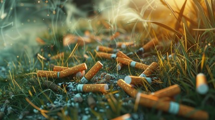 A bunch of cigarettes scattered across the lawn