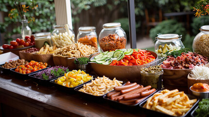 Beautifully arranged hot dog toppings bar with various condiments and sides for a Hot Dog Day party