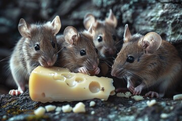 Group of mice enjoying a piece of cheese