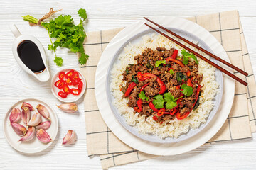 Thai holy basil stir fry with ground beef on plate