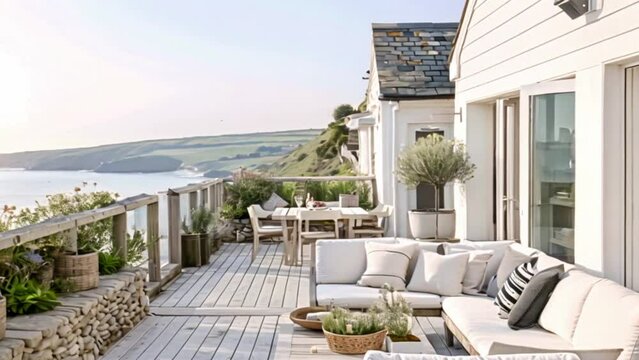 White coastal cottage terrace decor in the English countryside style with a seaview by the seaside, home decor and interior design style