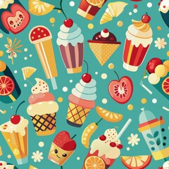 Seamless pattern of classic dessert icons like milkshakes, sundaes, and banana splits, for a nostalgic and fun vibe, Generative AI