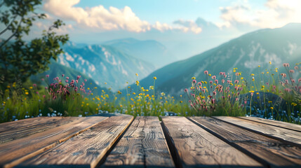 Fototapeta premium Wooden desk for product on nature landscape