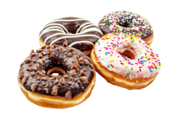 Four donuts with different toppings, including chocolate and sprinkles