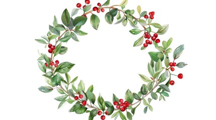 A wreath made of red berries and green leaves, ideal for decorative purposes or as a symbol of autumn or winter