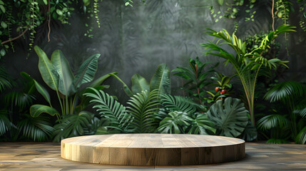 Wooden podium in tropical forest for product presentation and green background.3d rendering