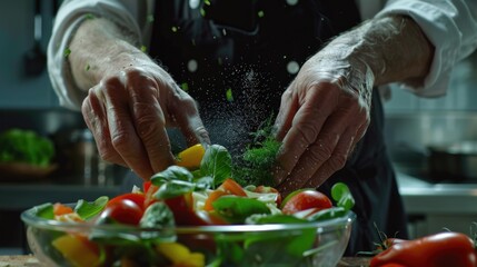 A chef adding seasoning to a bowl of fresh vegetables for cooking or serving