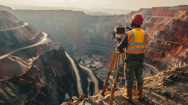 Surveyor Equipment Overlooking Open Pit Mine Operations