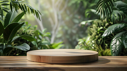 Fototapeta premium Wooden product display podium with blurred nature leaves on green background. 3D rendering