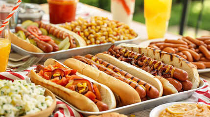 Large platter of hot dogs served with an assortment of sides and drinks for a Hot Dog Day picnic