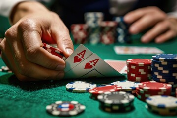 A person playing a game of poker, with cards and chips on the table