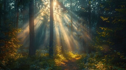 Sunlight Filtering Through Dense Forest Trees Creating a Serene and Mystical Atmosphere with Rays of Light Illuminating the Lush Greenery and Pathway in a Tranquil Natural Setting