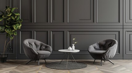 Two grey lounge chairs and round coffee table against grey paneling wall. Home interior design.