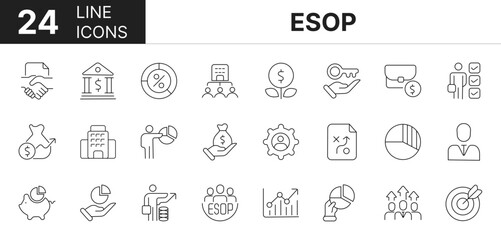Collection of 24 Esop line icons featuring editable strokes. These outline icons depict various modes of Esop, Employee, Home Ownership, Teamwork, Business, Editable Stroke,