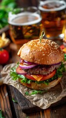 Hamburger and beer on table classic staple food pairing