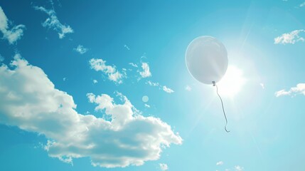A single helium balloon, adorned with a celebratory message, gracefully ascending towards a bright and sunny sky. Rendered in a realistic style with a clean background.