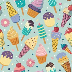 Seamless pattern of dessert-inspired patterns like ice cream cones, popsicles, and frosted cakes, for a fun and festive background, Generative AI