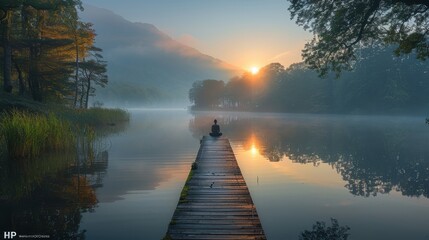 Serene Sunrise Meditation on a Wooden Pier Overlooking a Misty Lake with Mountain and Forest Background
