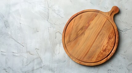 Empty wooden round board on white stone kitchen table top view flat lay Wooden pizza platter copy space : Generative AI