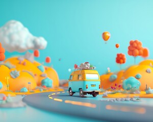 Camper van driving through a picturesque valley, lush green landscape, clear blue sky, Realistic, 3D