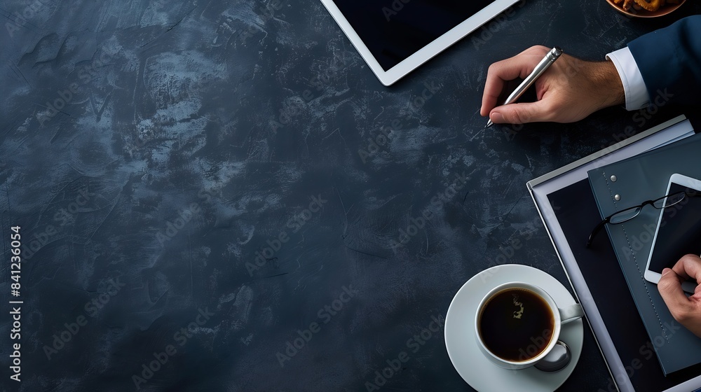 Poster Man Checking Emails Coffee Break Concept : Generative AI