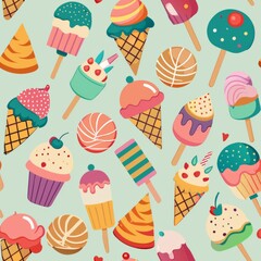 Seamless pattern of dessert-inspired patterns like ice cream cones, popsicles, and frosted cakes, for a fun and festive background, Generative AI