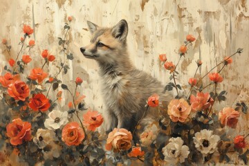 Fototapeta premium Beautiful fox soft color beige animal fine art with flowers in pastel 