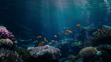 Obraz premium Underwater view of the coral reef Life in the ocean School of fish : Generative AI