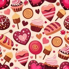Seamless pattern of dessert-themed patterns like chocolate bars, candy canes, and gingerbread cookies, perfect for a holiday-themed design, Generative AI