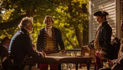 A historic reenactment of the signing of the Declaration of Independence in period costumes