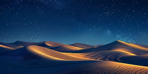 Undulating Sand Dunes form an Empty Desert Landscape. Night Wallpaper with Navy Gradient Starry Sky.