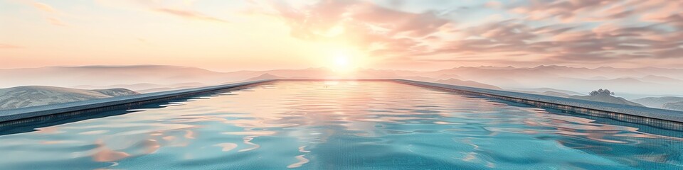 Obraz premium Infinity pool with a panoramic view of a desert, sunset casting long shadows and warm light, minimalist and serene, realistic style, smooth transitions and soft edges