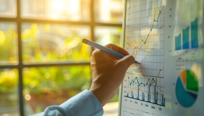 Close-up of a hand drawing a benchmarking chart on a whiteboard during a strategy session