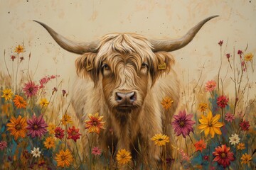 beautiful animal artwork with flowers soft beige pastel colors scottish highlander cow