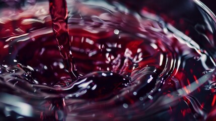 Stunning slow-motion macro shot of deep plum juice poured into a classic wine glass. It emphasizes the rich textures of the wine and the timeless elegance of the glass.