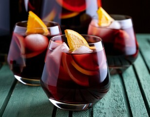 Sangría típica española, servida en vasos y decoradas con gajos de naranja