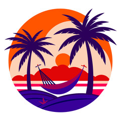 serene beach scene with a hammock between two palm trees, a setting sun, and gentle waves, in a minimalist art style